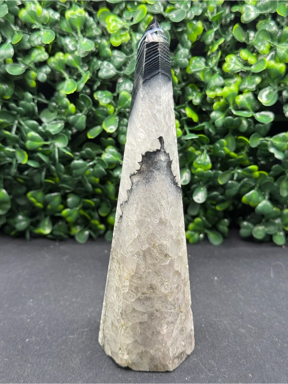 Black Banded Agate & Quartz Tower Obelisk